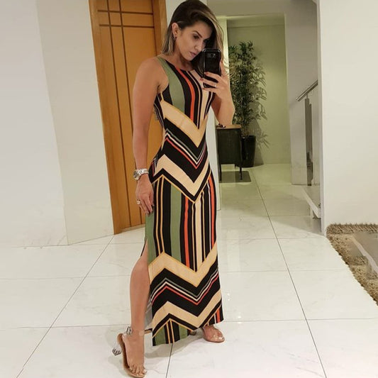 Colorful Striped Print Side Slit Maxi Dress Women Colorblock Sleeveless Slim Long Dresses