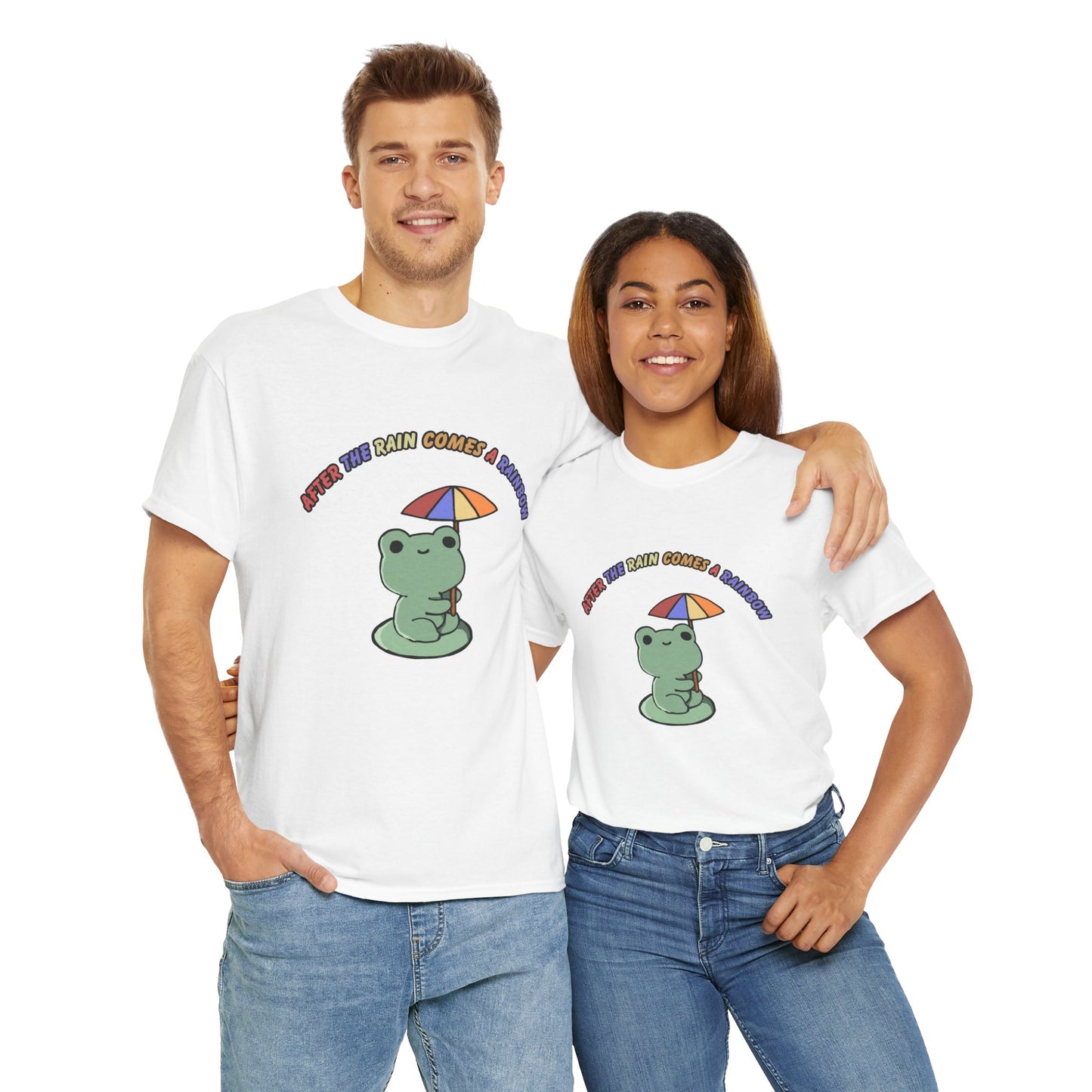 Cute Frog Cocktail Unisex Heavy Cotton Tee - "After the Rain Comes a Rainbow"