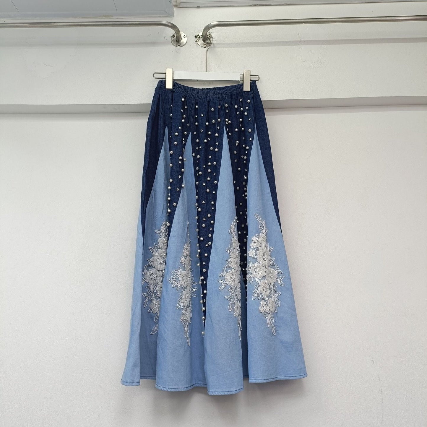 Early Spring Heavy Industry Beads Denim Top High-grade Small High Waist All-matching Umbrella Skirt