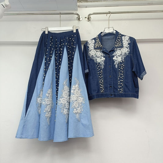 Early Spring Heavy Industry Beads Denim Top High-grade Small High Waist All-matching Umbrella Skirt